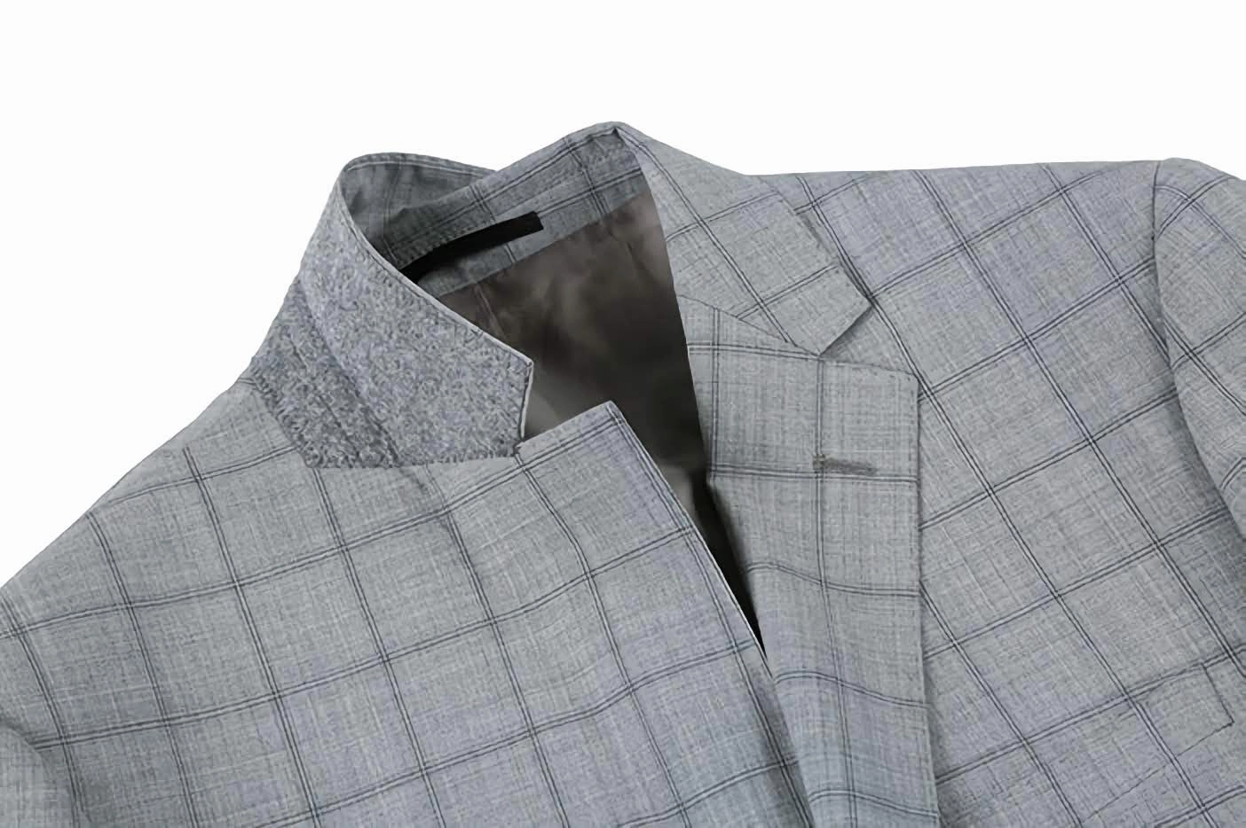 100% Wool Slim Fit Windowpane Dress Suit 2 Piece in Gray