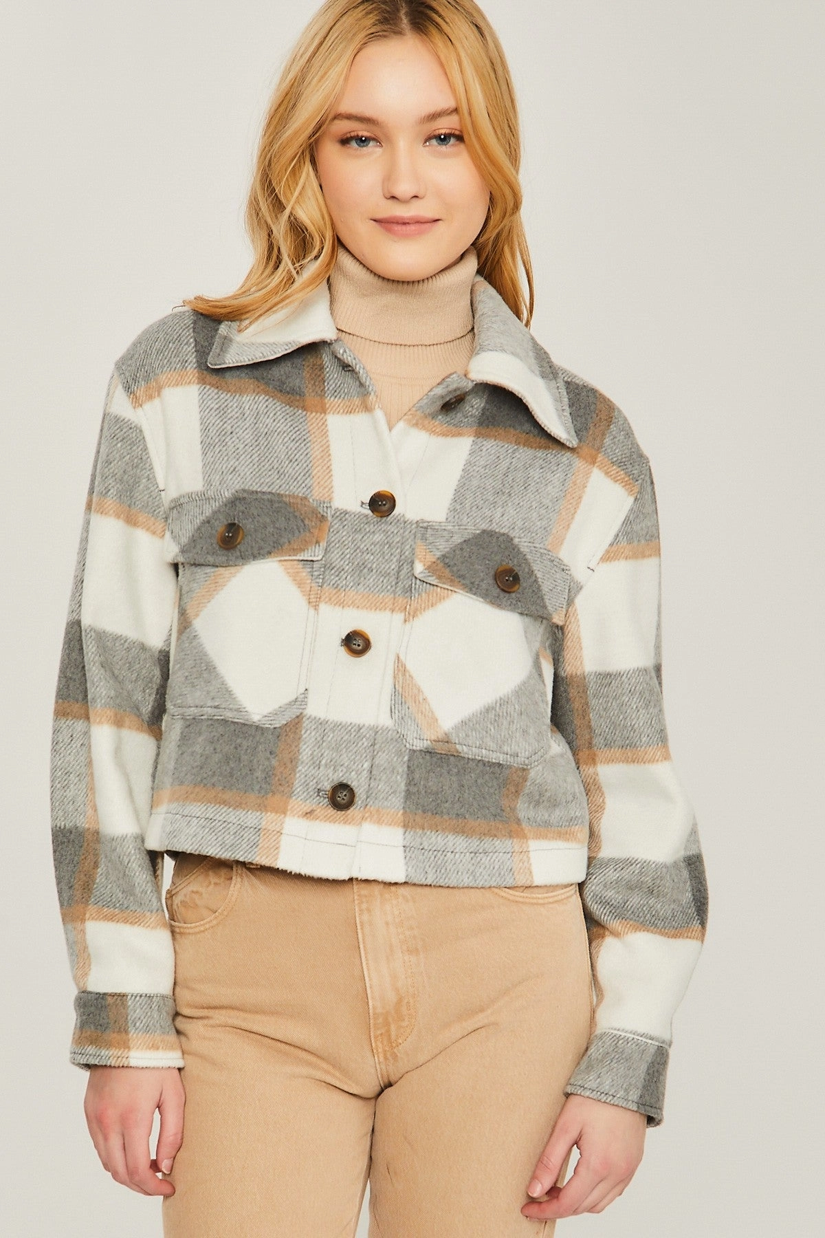 All That You Are  Plaid Button Up Jacket - Grey - Final Sale