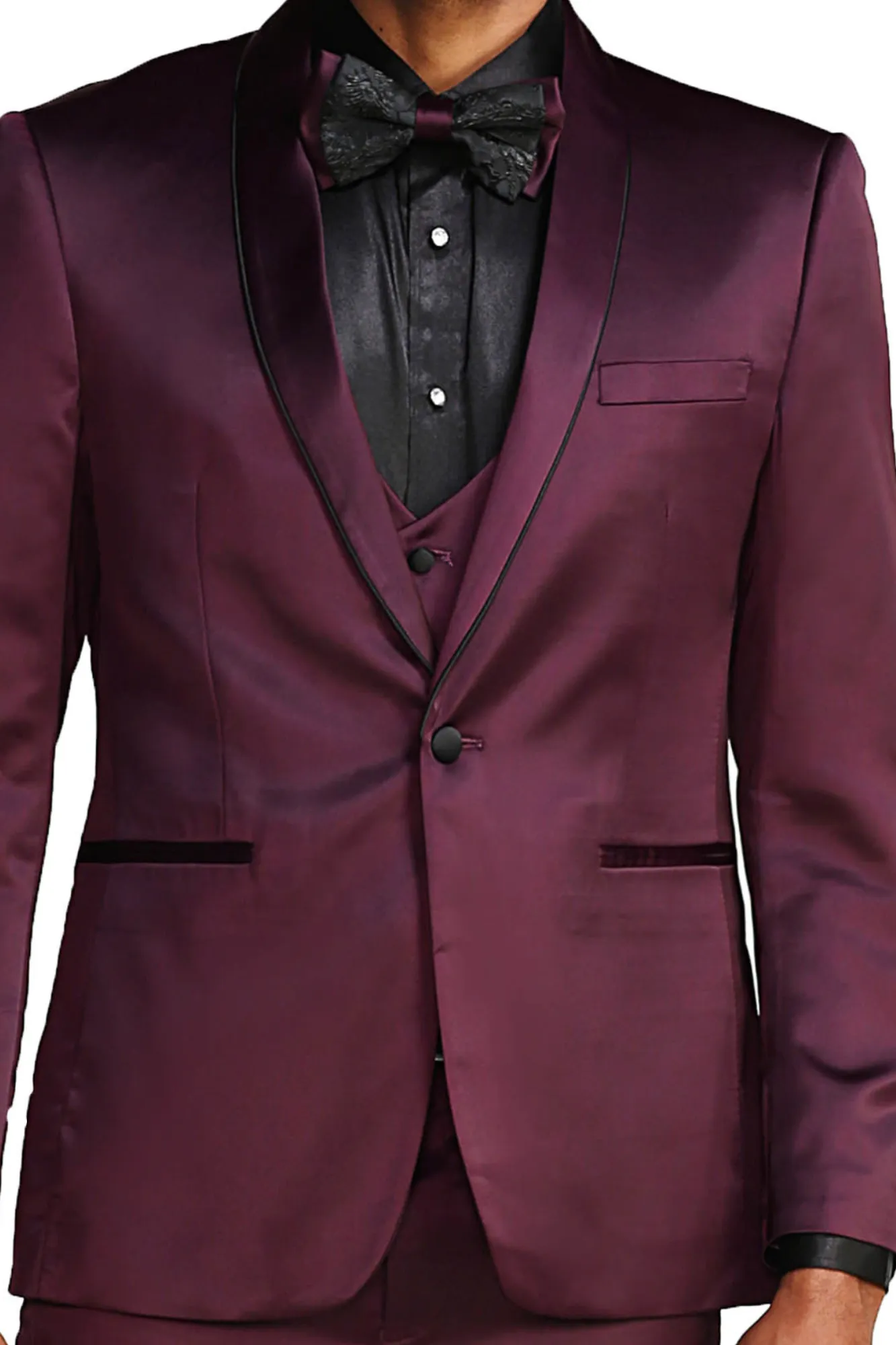 Apex Collection: Men's 3-Piece Suit With Shawl Collar In Burgundy/Black - Slim Fit
