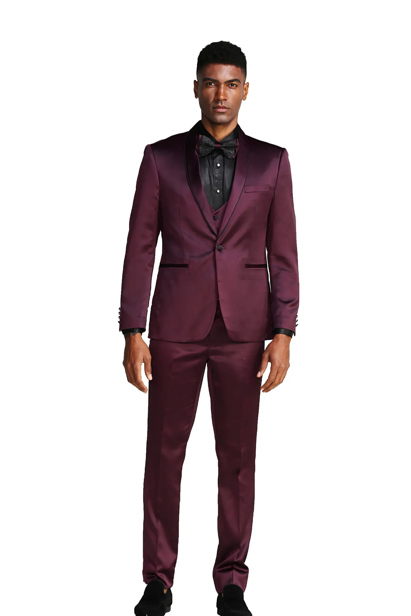 Apex Collection: Men's 3-Piece Suit With Shawl Collar In Burgundy/Black - Slim Fit