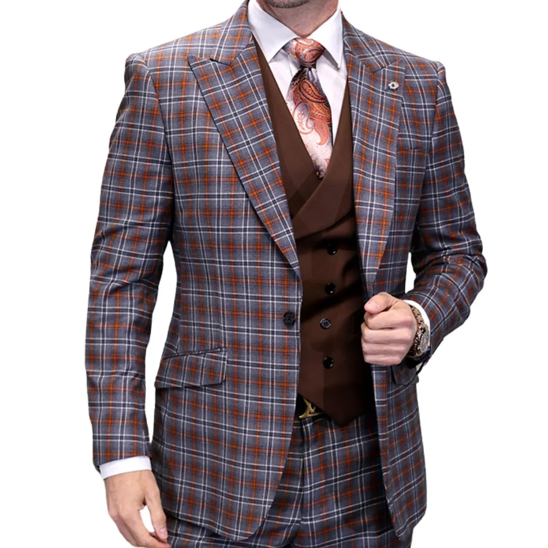 Ardent Crest Collection: Grey 3-Piece Plaid Modern Fit Suit