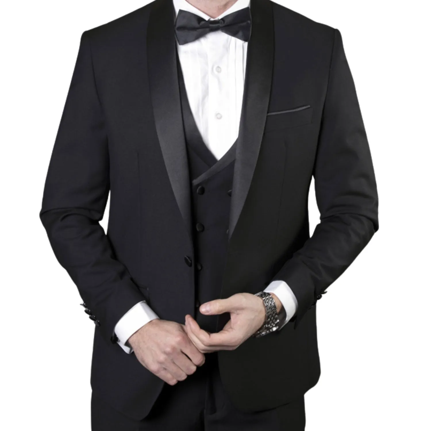 Austen Aura Collection: 3PC Tailored Fit Tuxedo in Black with Double Breasted Vest
