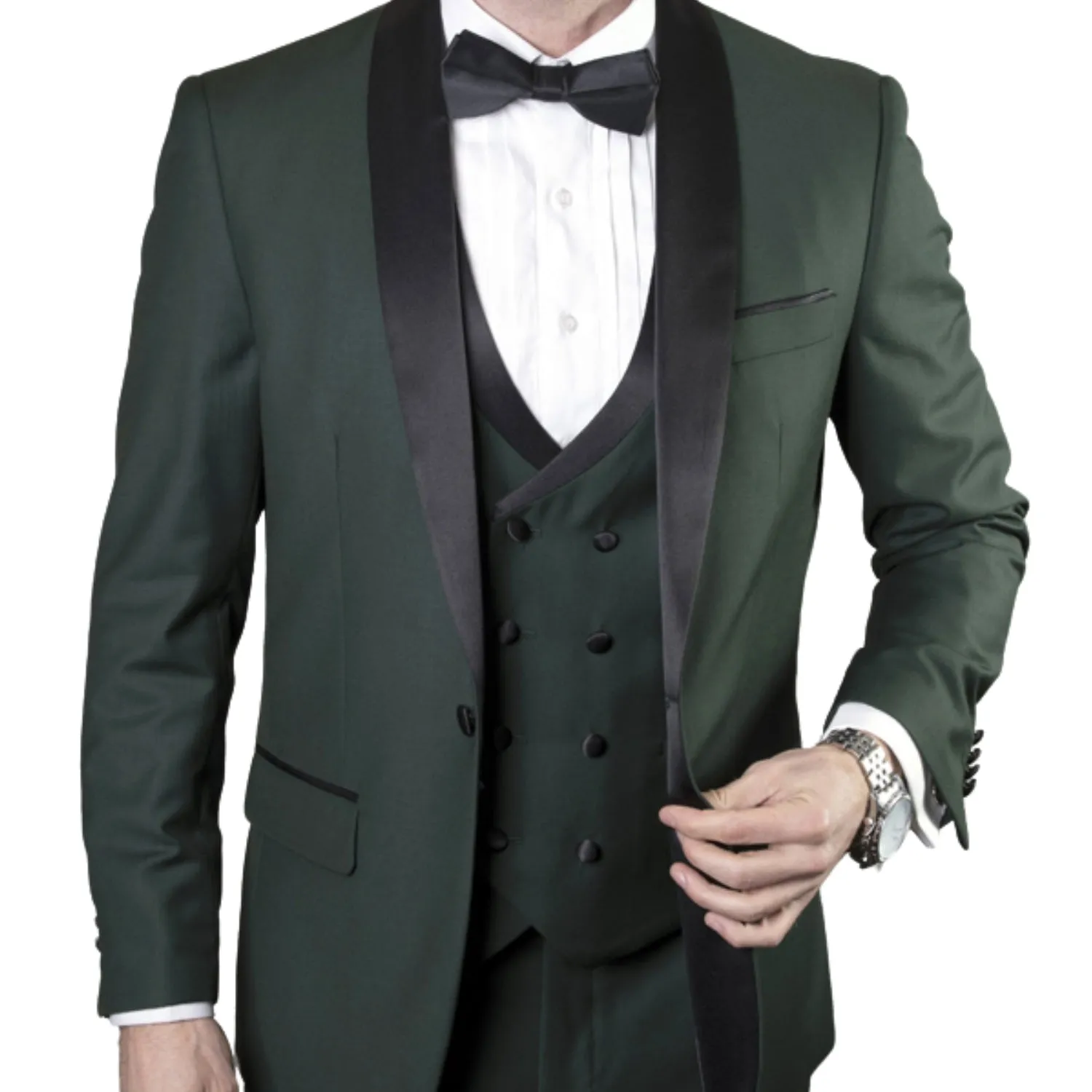Austen Aura Collection: 3PC Tailored Fit Tuxedo in Hunter Green with Double Breasted Vest
