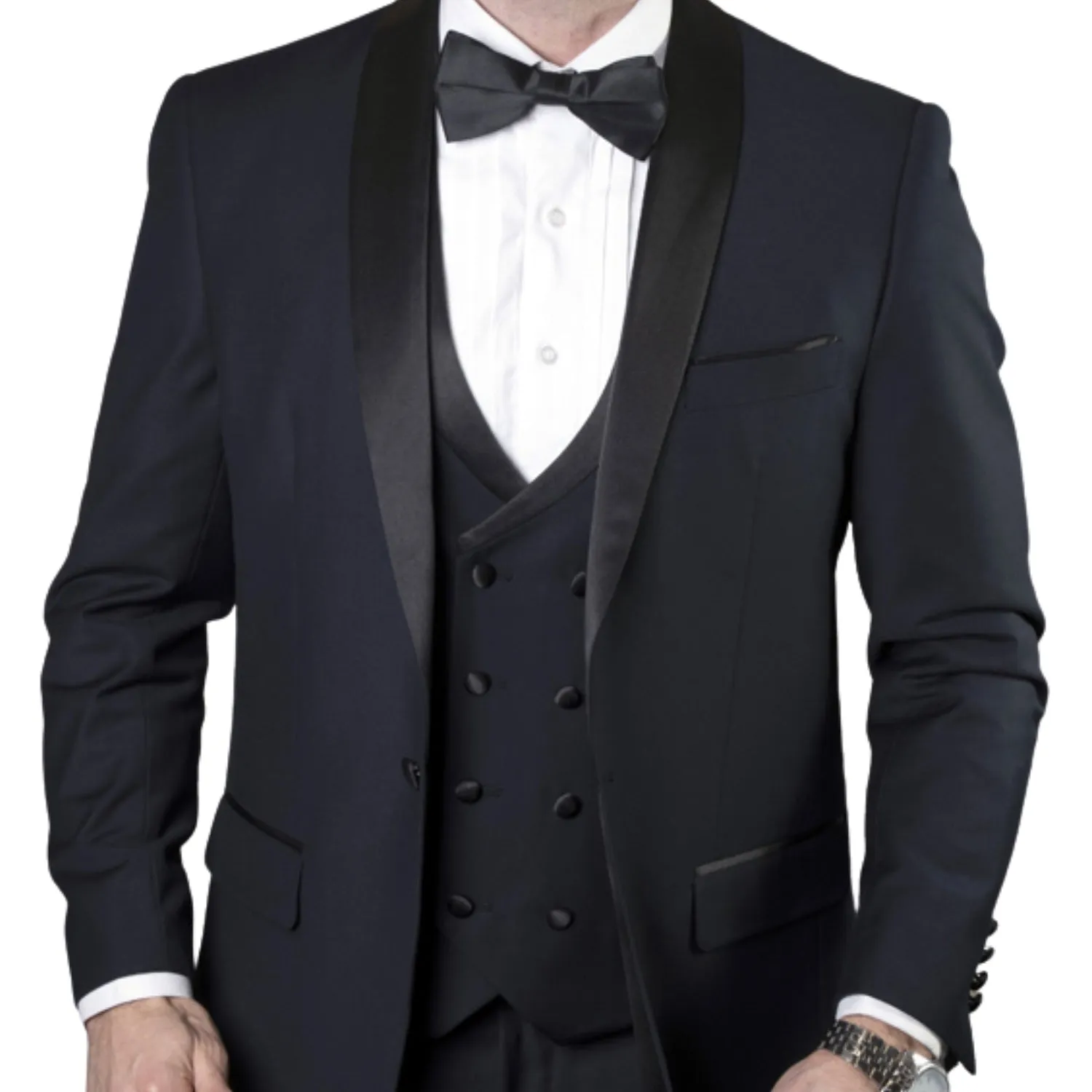 Austen Aura Collection: 3PC Tailored Fit Tuxedo in Navy with Double Breasted Vest
