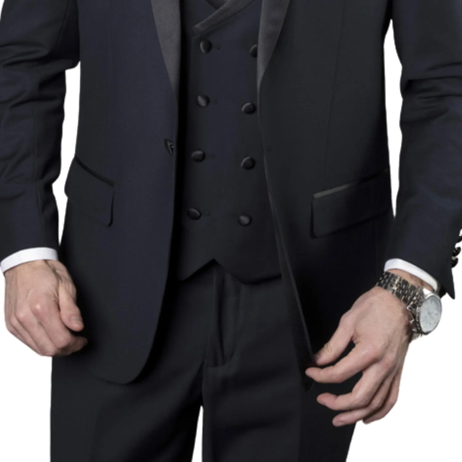 Austen Aura Collection: 3PC Tailored Fit Tuxedo in Navy with Double Breasted Vest