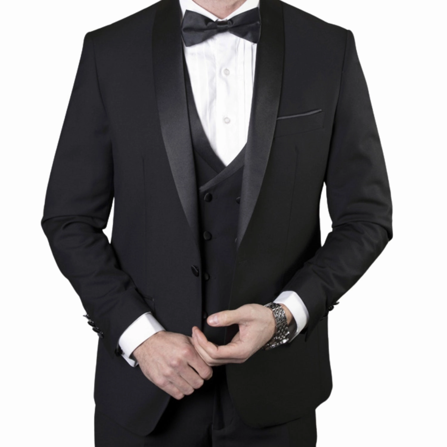 Austen Aura Collection: 3PC Tailored Fit Tuxedo in Black with Double Breasted Vest
