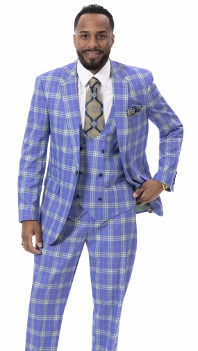 Blue & Green Plaid Three Piece Regular Fit Fashion Suit M2789