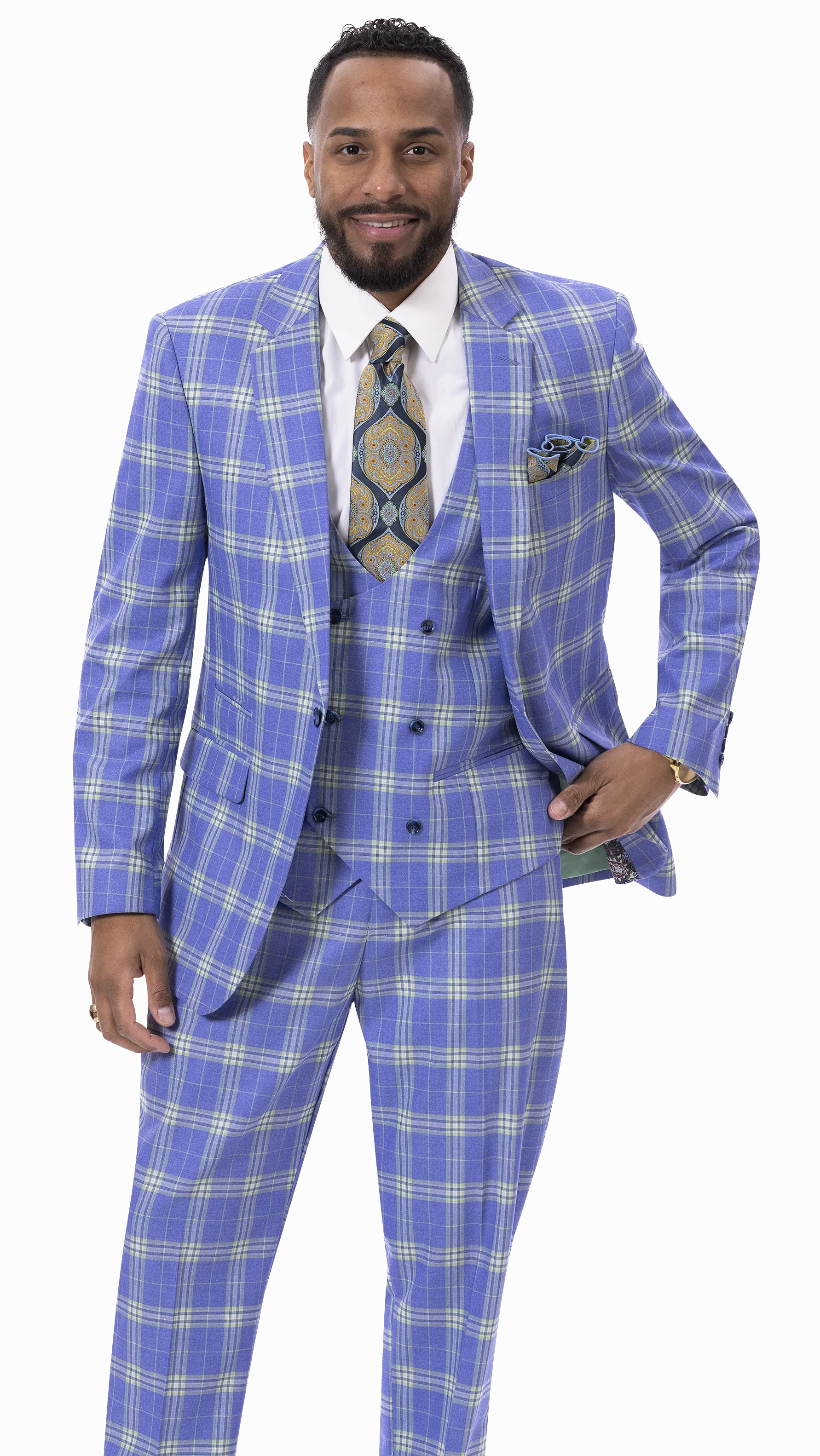 Blue & Green Plaid Three Piece Regular Fit Fashion Suit M2789