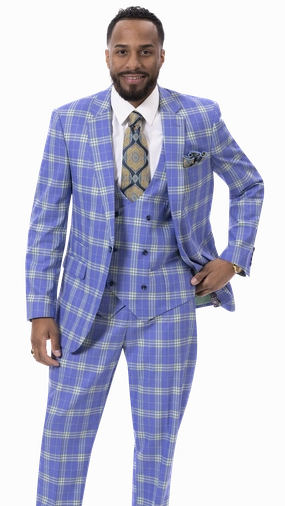 Blue & Green Plaid Three Piece Regular Fit Fashion Suit M2789