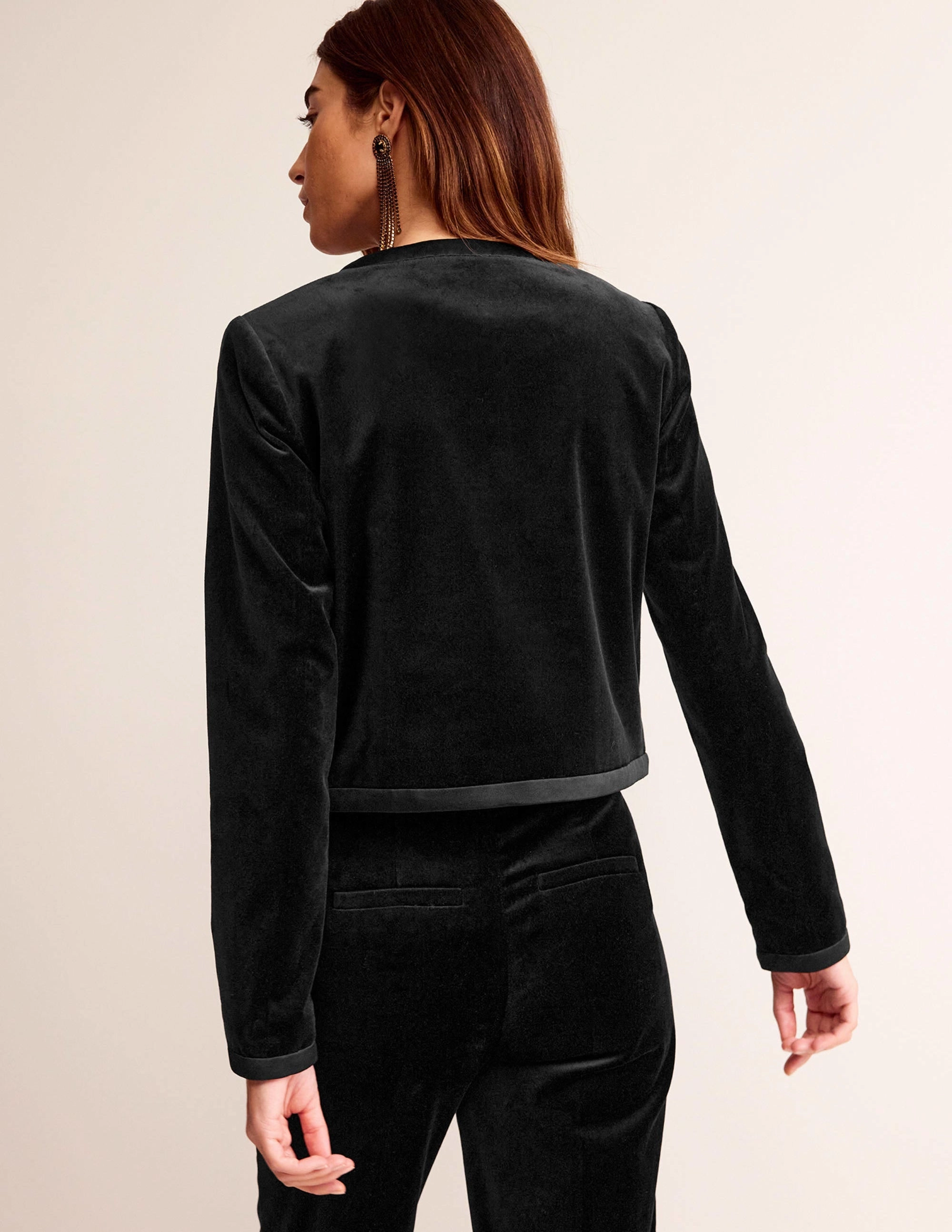 Bow-Trim Collarless Jacket-Black