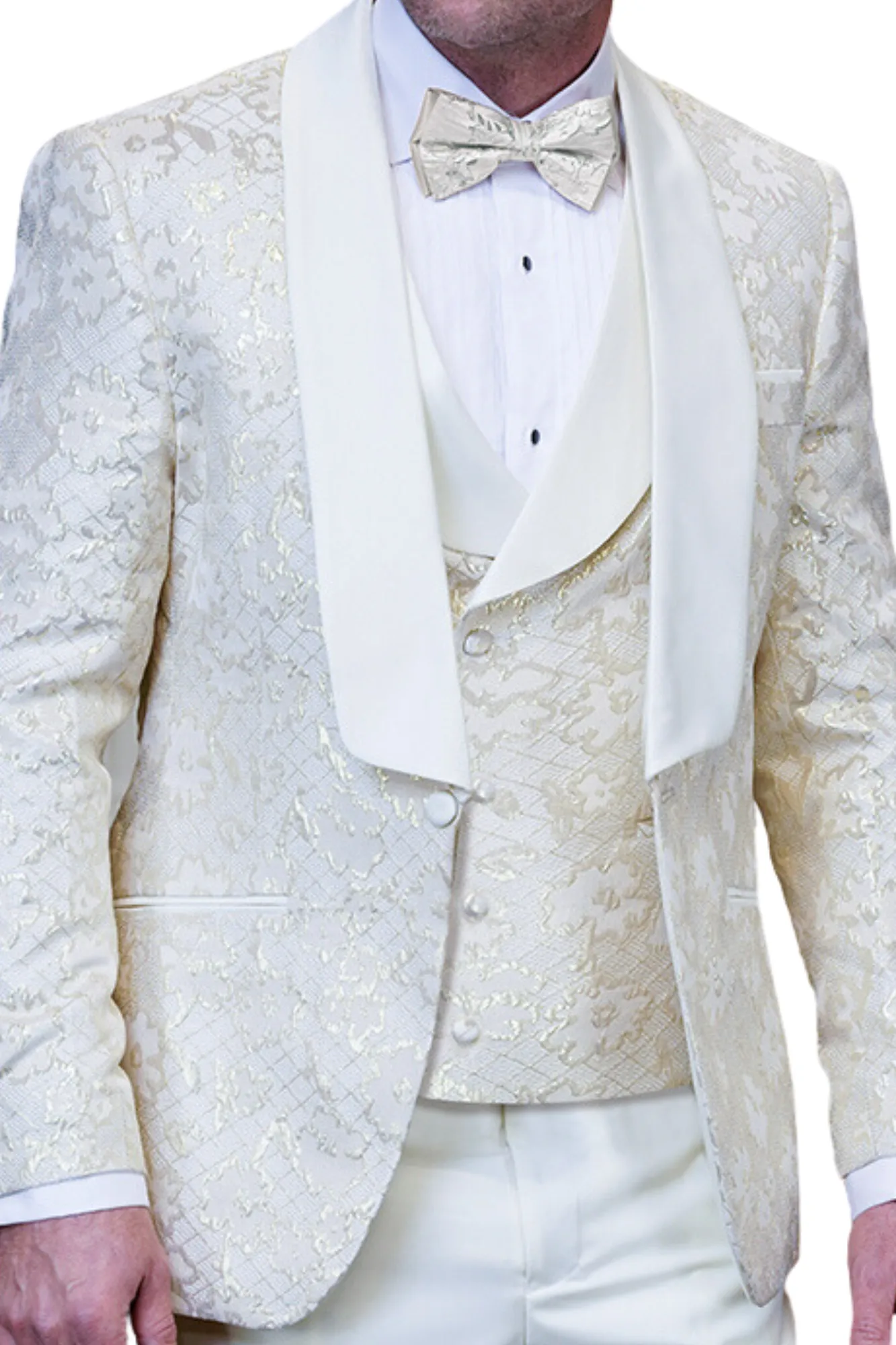 Bronte Bliss Collection: 3PC Modern Fit Tuxedo With Satin Pants And Side Seam In Off White
