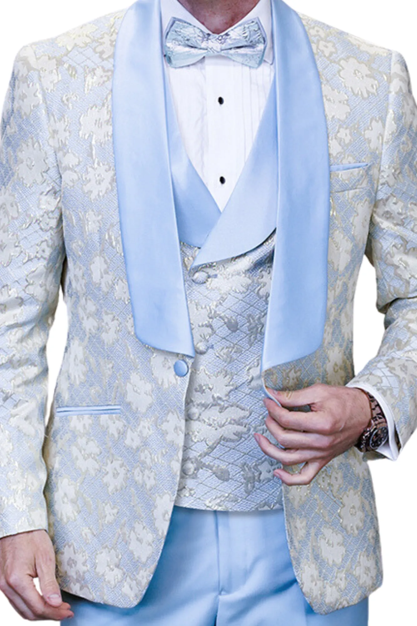 Bronte Bliss Collection: 3PC Modern Fit Tuxedo With Satin Pants And Side Seam In Sky Blue