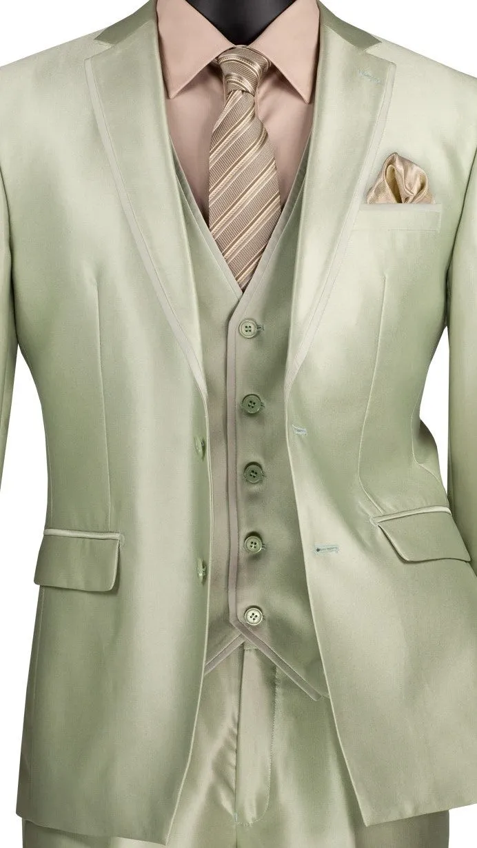 Centaurus Collection: Light Sage 3-Piece Solid Satin Look Slim Fit Suit with Fancy Vest