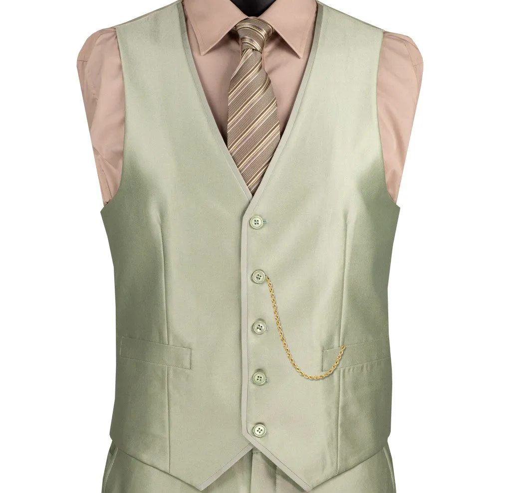 Centaurus Collection: Light Sage 3-Piece Solid Satin Look Slim Fit Suit with Fancy Vest