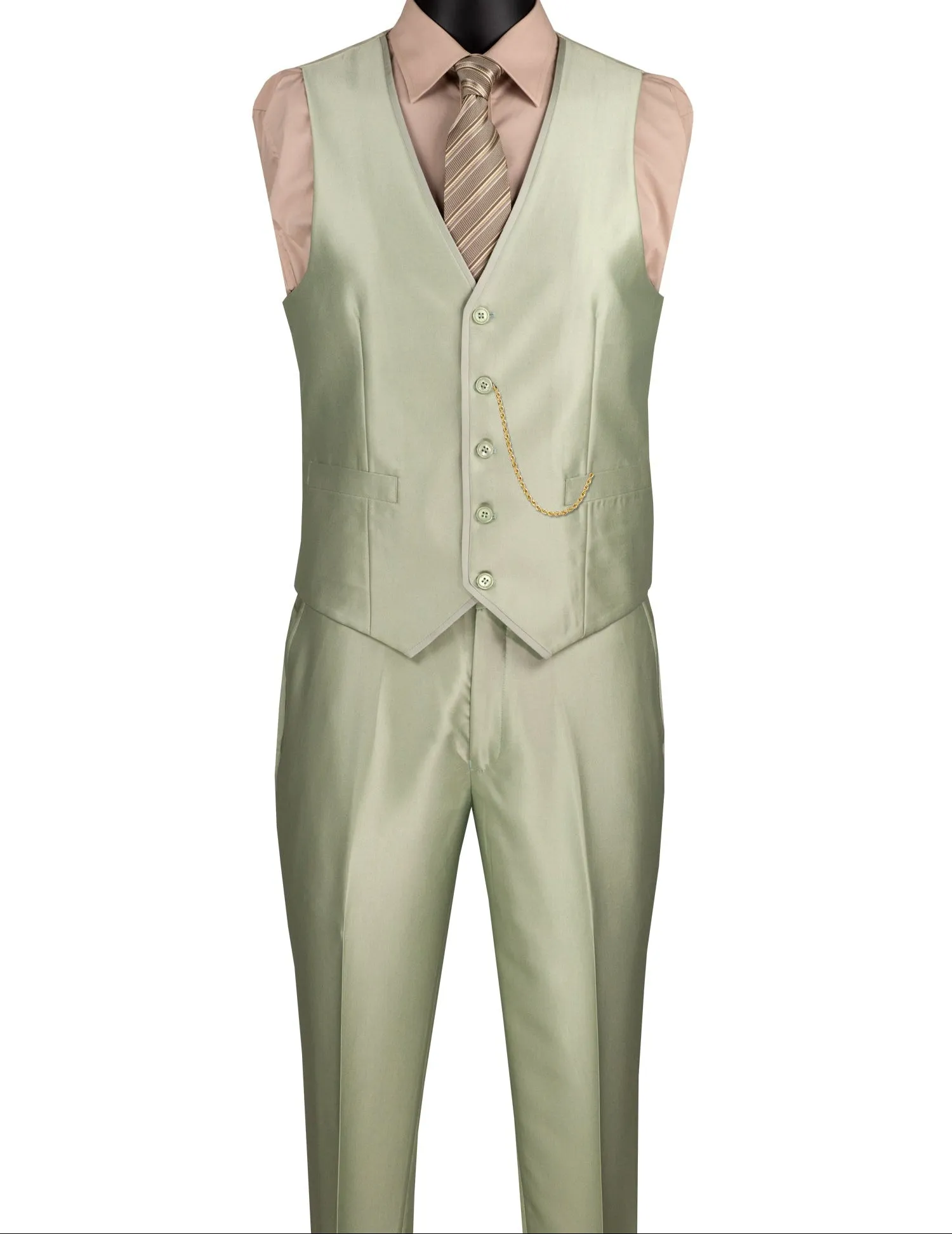 Centaurus Collection: Light Sage 3-Piece Solid Satin Look Slim Fit Suit with Fancy Vest