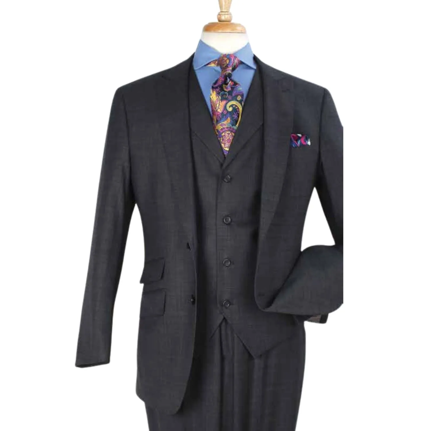 Charcoal Stripe High Fashion Three-Piece Wool Suit with Vest