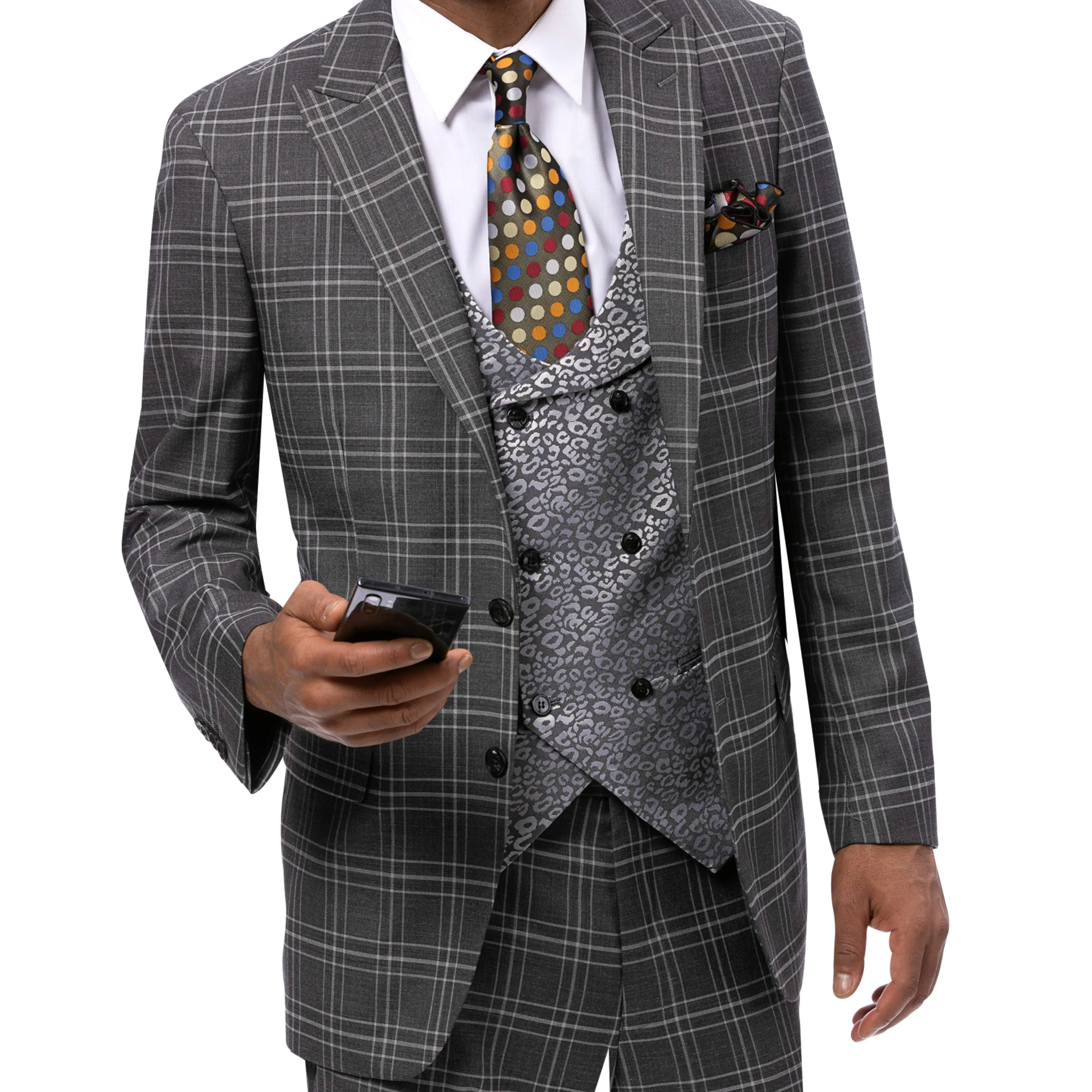 Charisma Grey Plaid Three-Piece Suit with Double-Breasted Vest