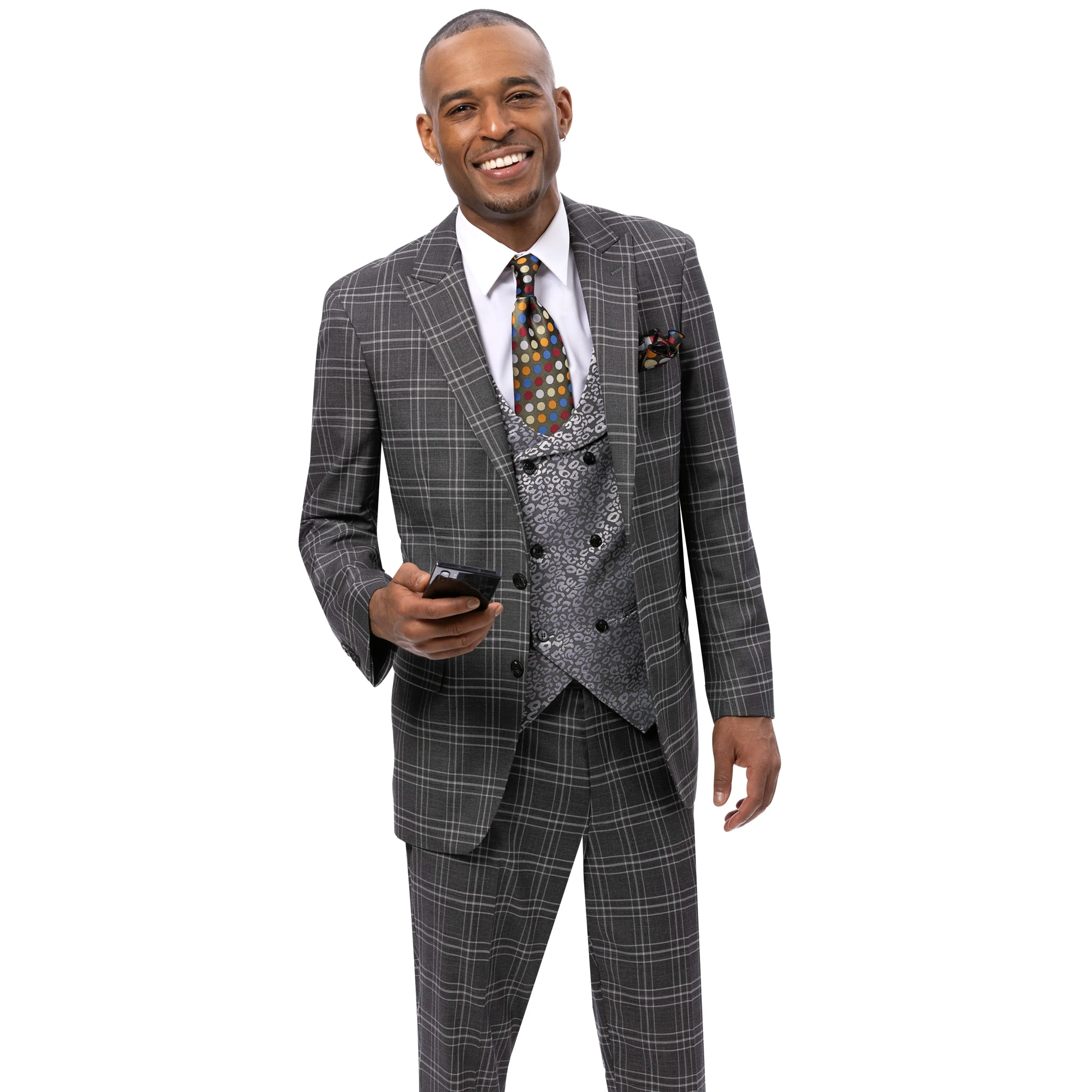 Charisma Grey Plaid Three-Piece Suit with Double-Breasted Vest