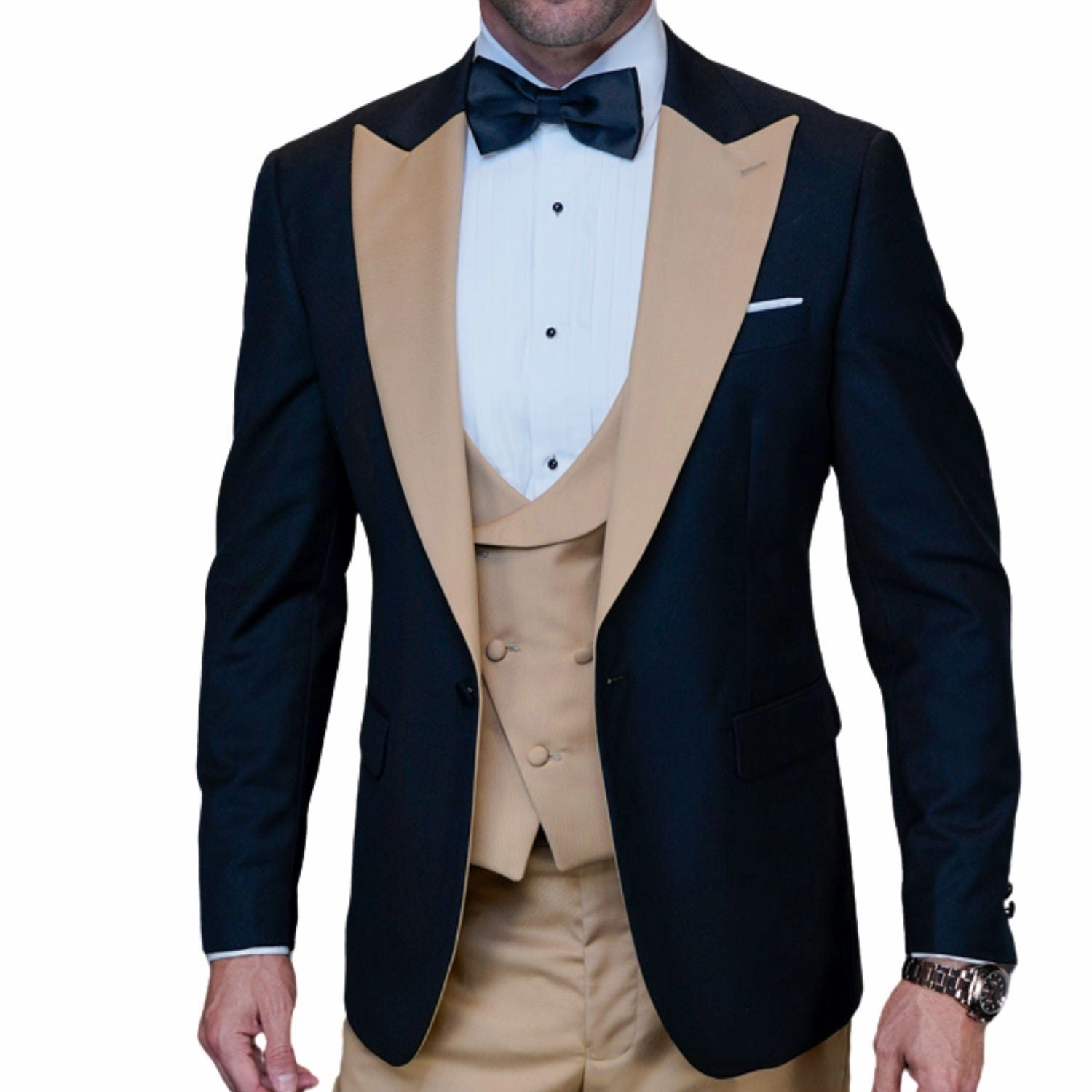 ChicChato Collection: Black Tuxedo with Champagne Peak Lapel and Accents - Modern Fit