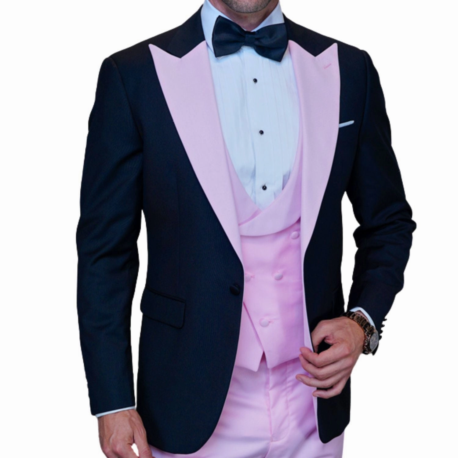 ChicChato Collection: Black Tuxedo with Pink Peak Lapel and Accents - Modern Fit