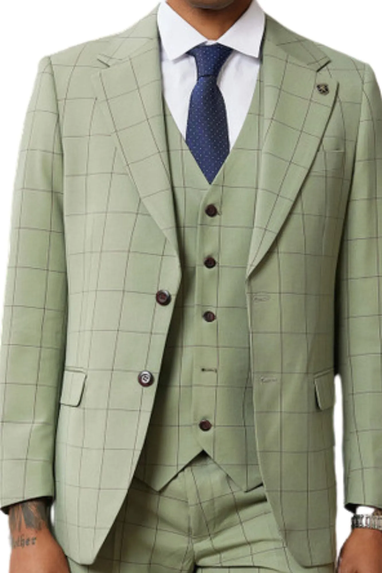 Classifyer Collection: 3 Piece Men's Windowpane Hybrid Fit Suit In Green