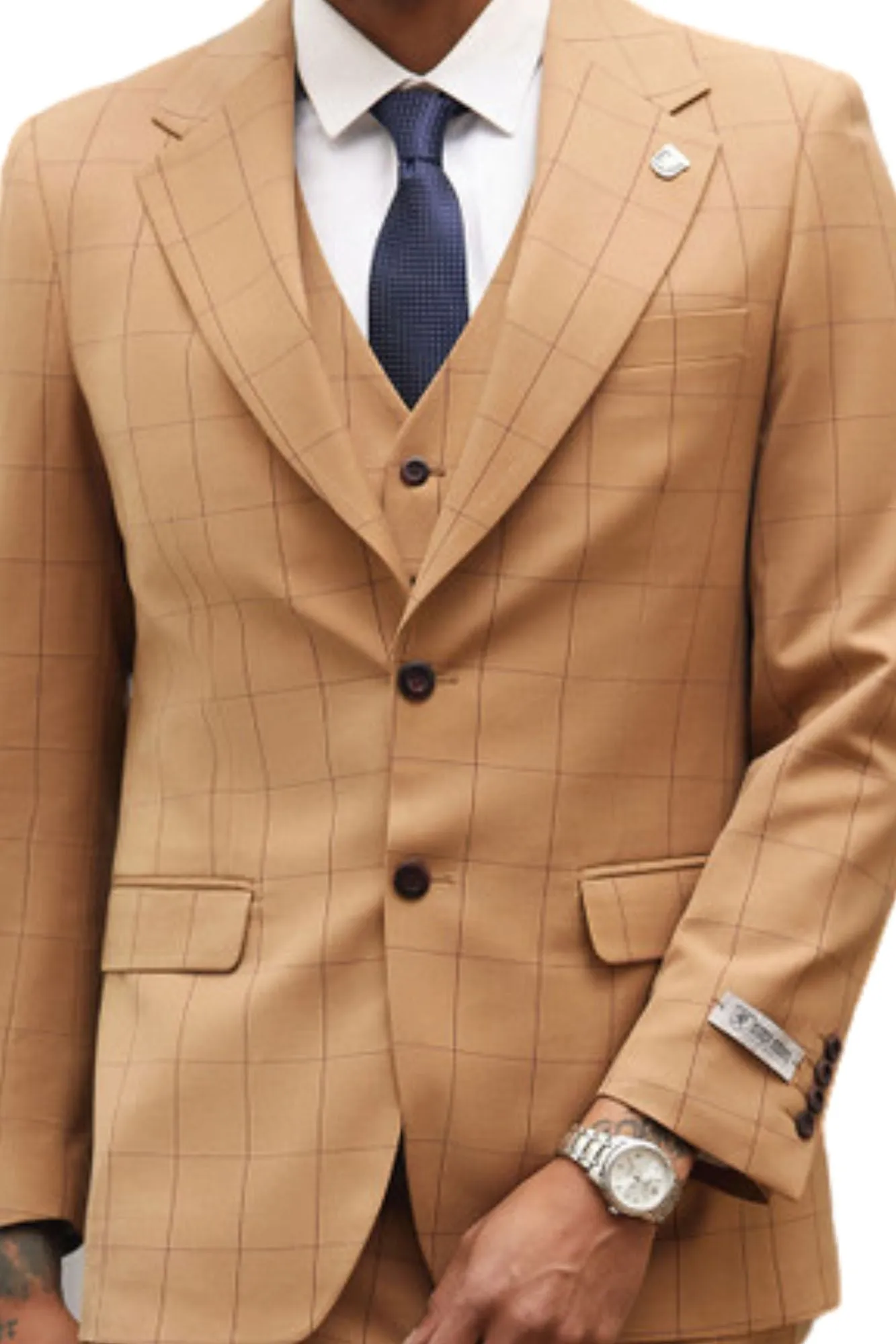 Classifyer Collection: 3 Piece Men's Windowpane Hybrid Fit Suit In Rust