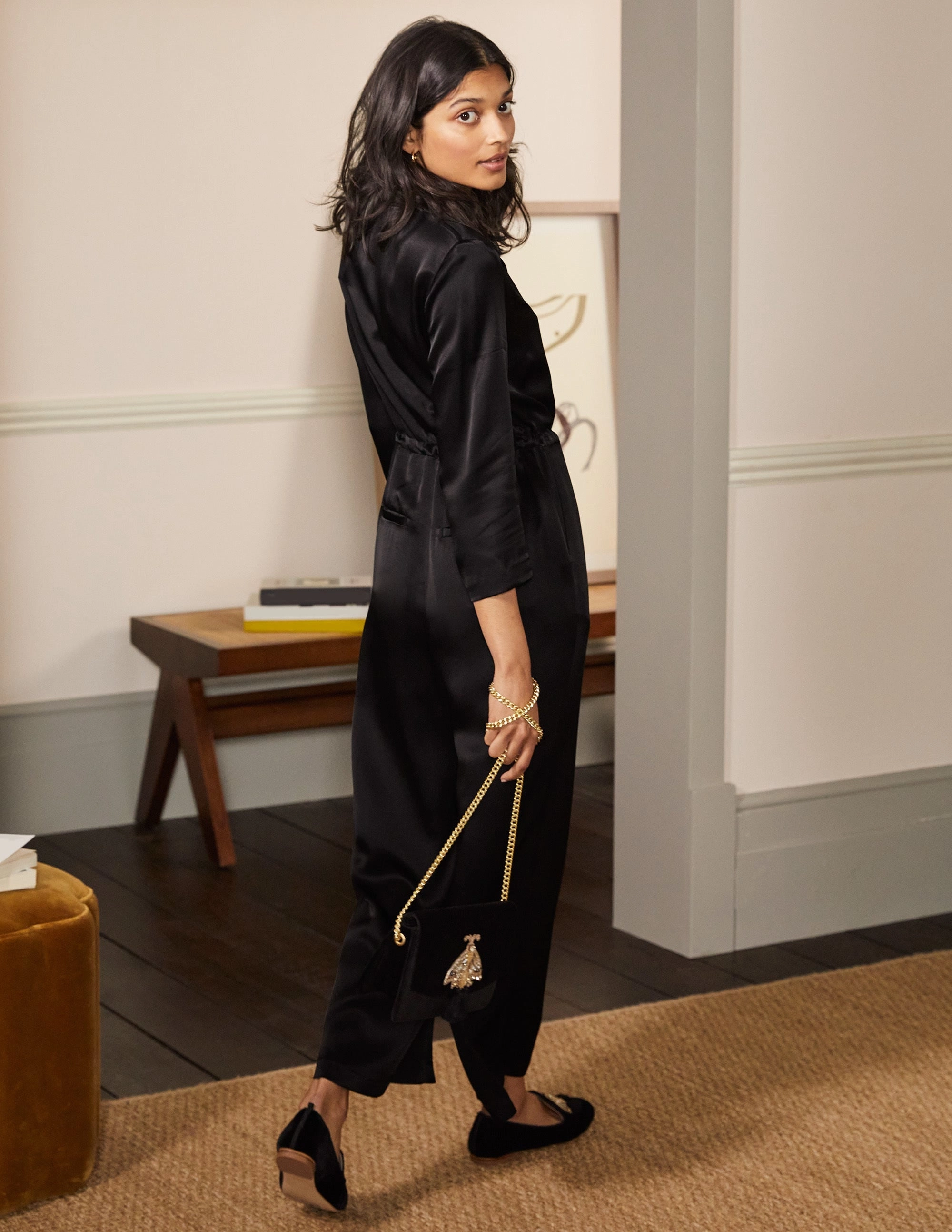 Collar Detail Cropped Jumpsuit-Black