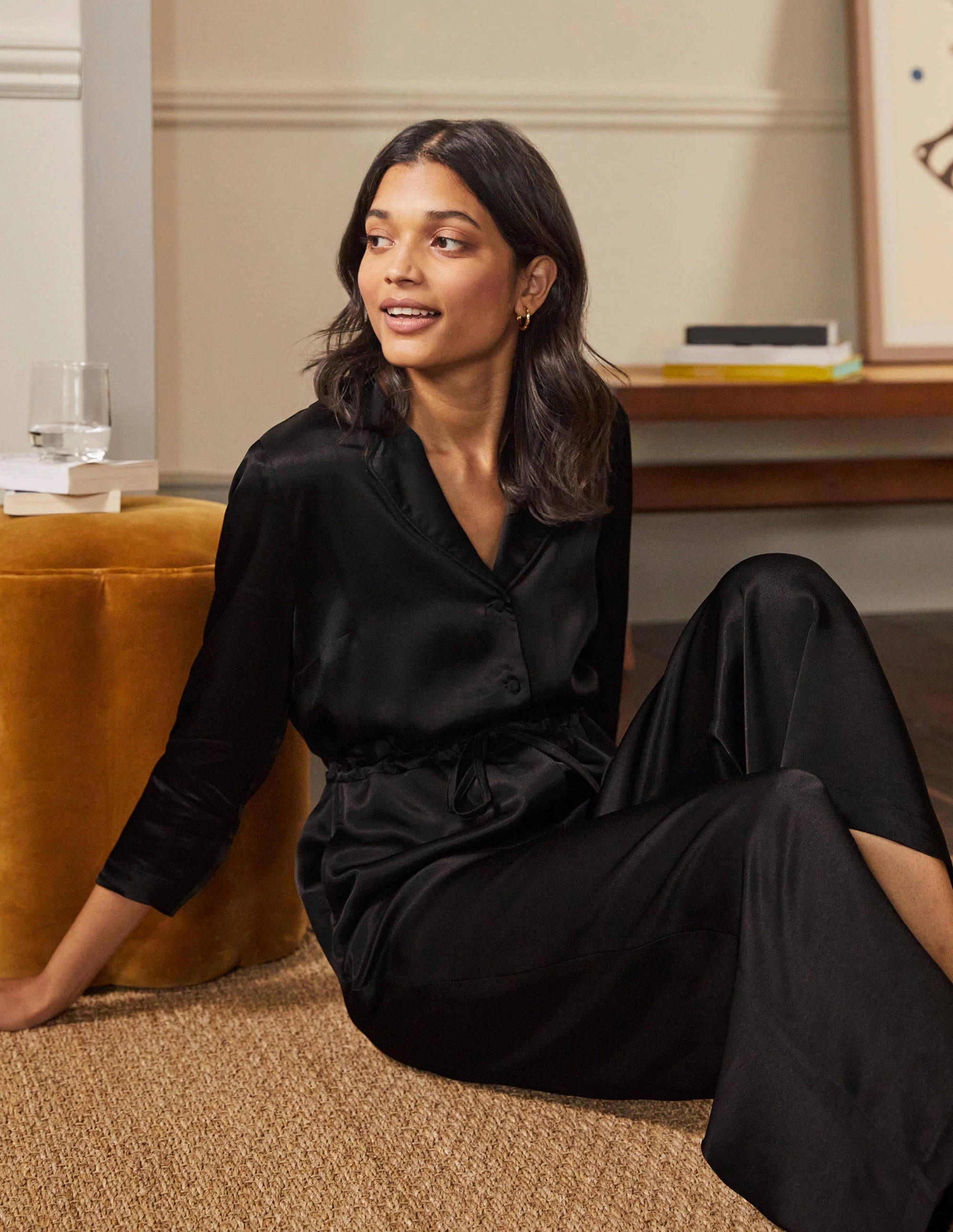 Collar Detail Cropped Jumpsuit-Black