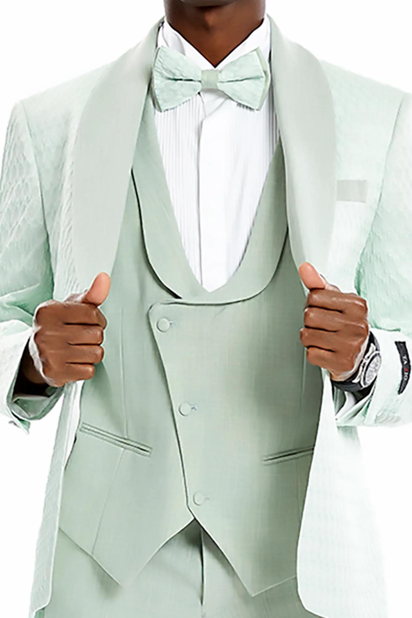 Contours Collection: 3-Piece Honeycomb Pattern Slim Fit Tuxedo In Mint