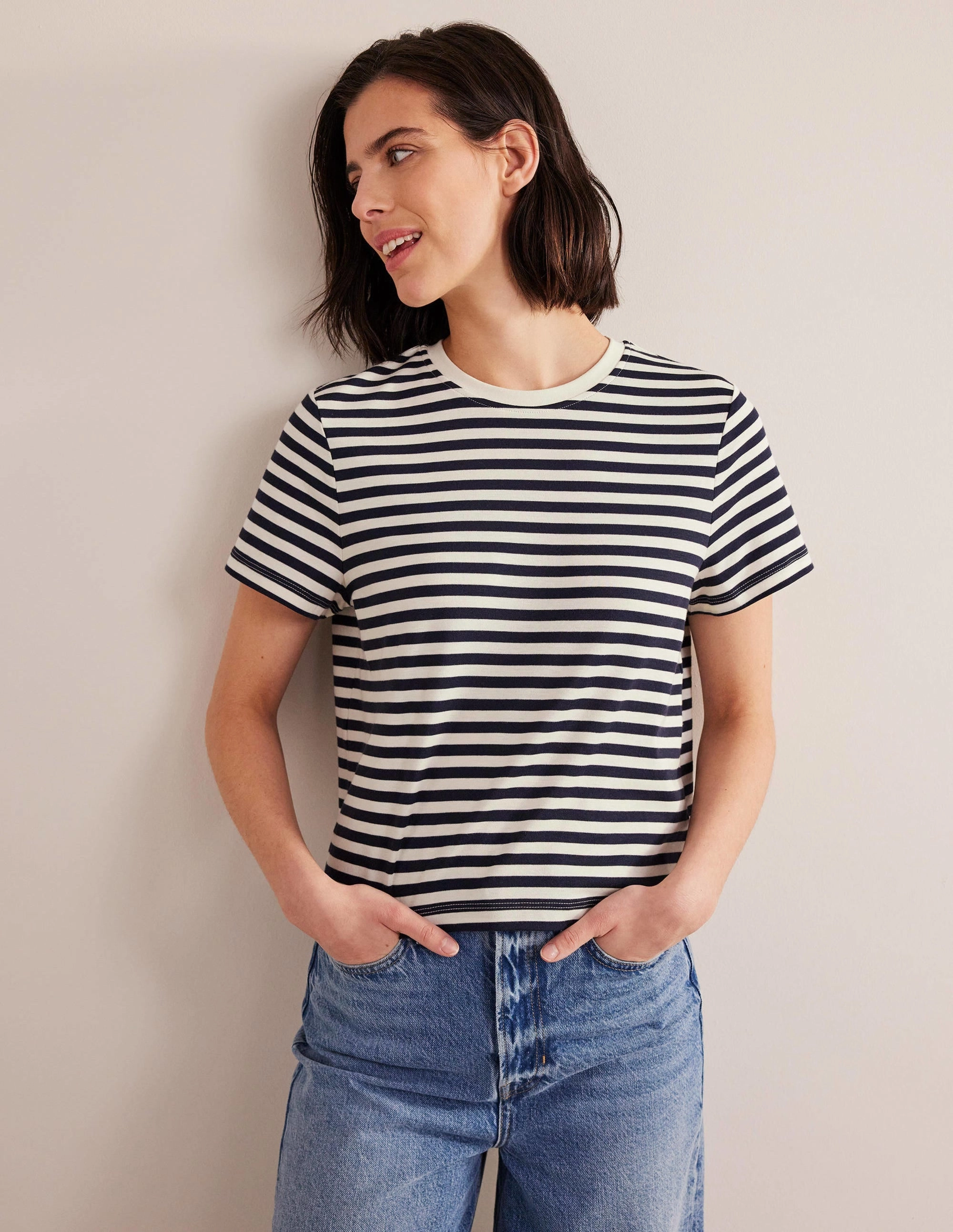 Cropped Cotton T-Shirt-Ivory / Navy Stripe