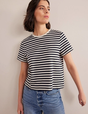 Cropped Cotton T-Shirt-Ivory / Navy Stripe