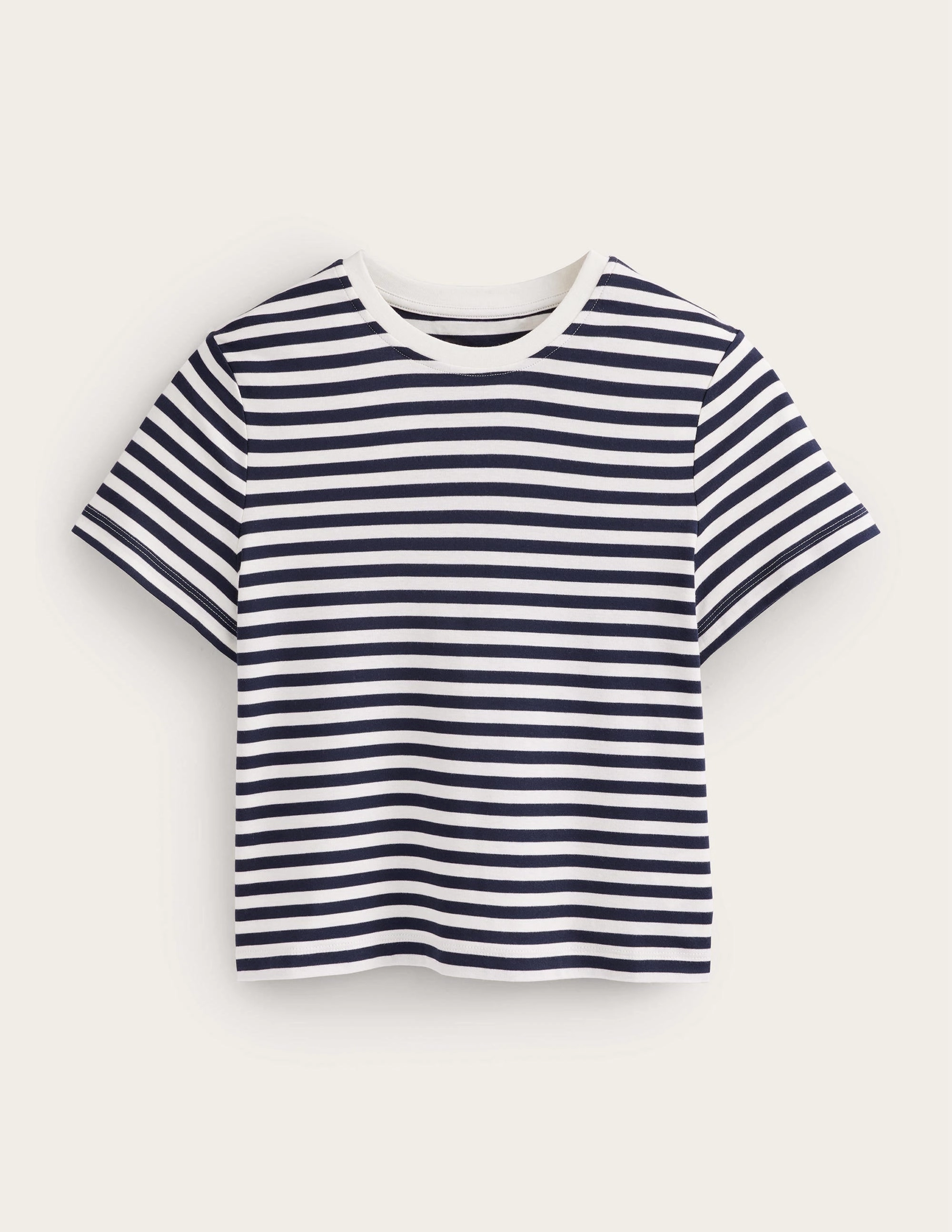 Cropped Cotton T-Shirt-Ivory / Navy Stripe