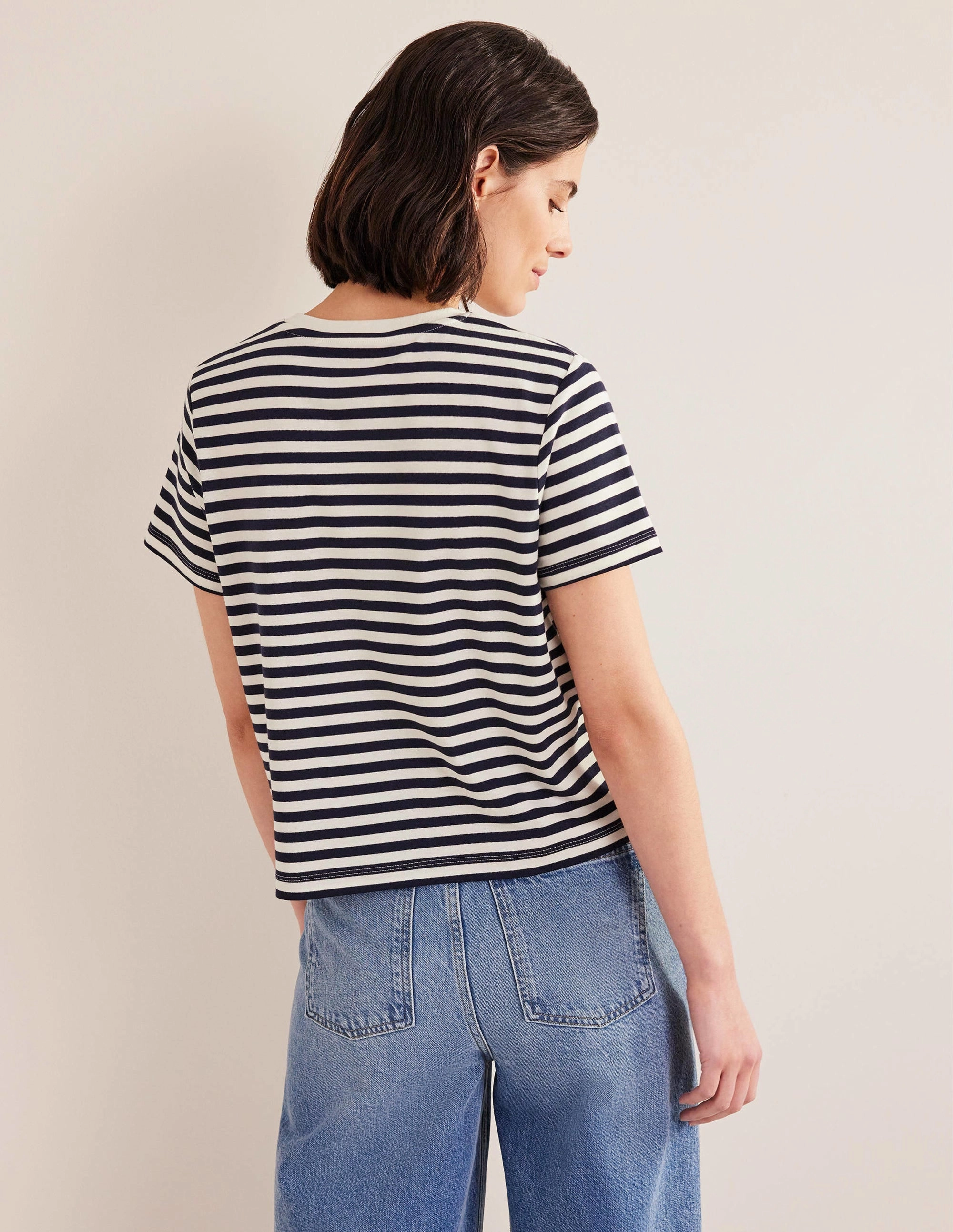 Cropped Cotton T-Shirt-Ivory / Navy Stripe