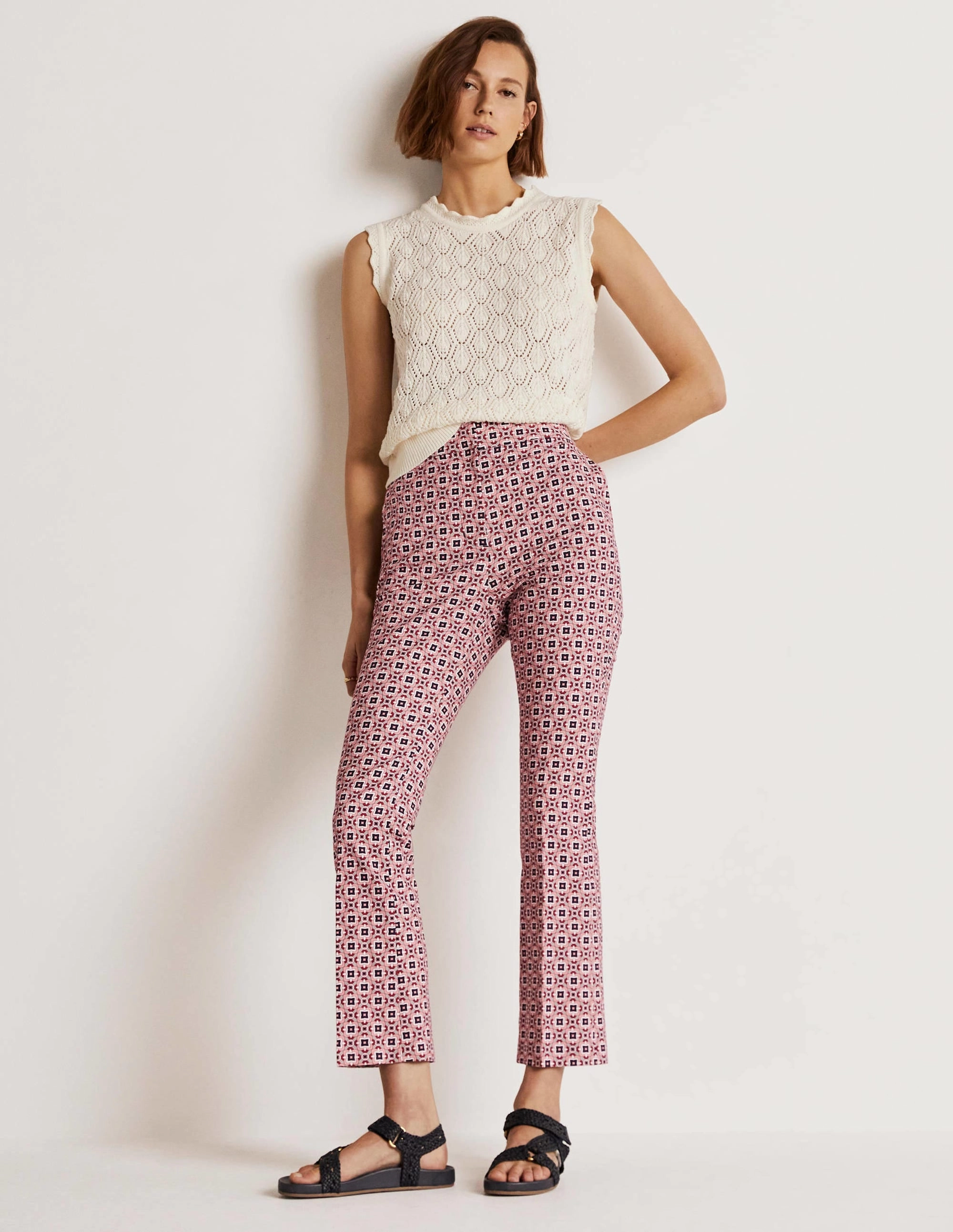 Cropped Flare Pants-Almond Pink, Square Geo