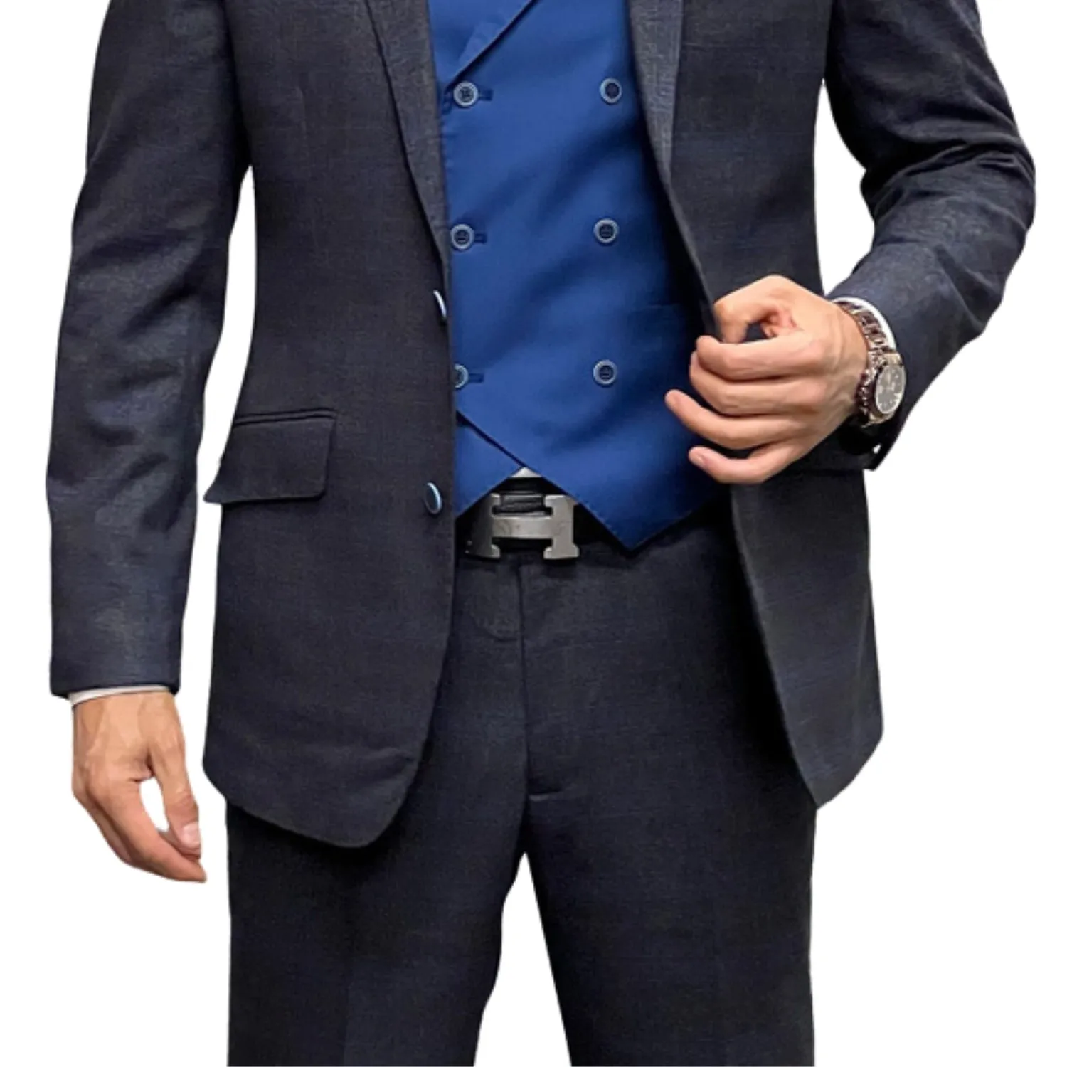 Dapperique Collection: Sapphire Plaid 3-Piece Suit with Double-Breasted Vest - Modern Fit