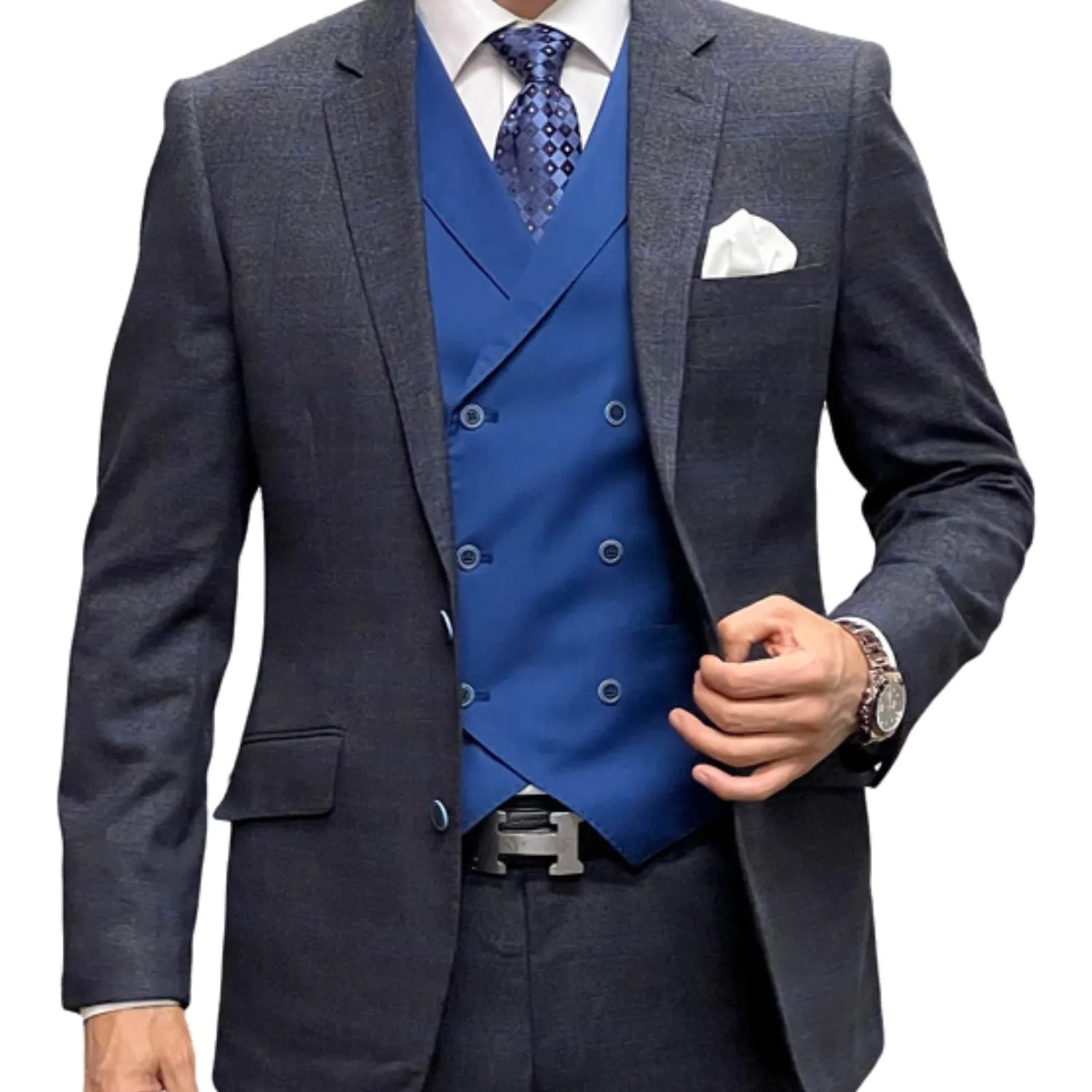 Dapperique Collection: Sapphire Plaid 3-Piece Suit with Double-Breasted Vest - Modern Fit