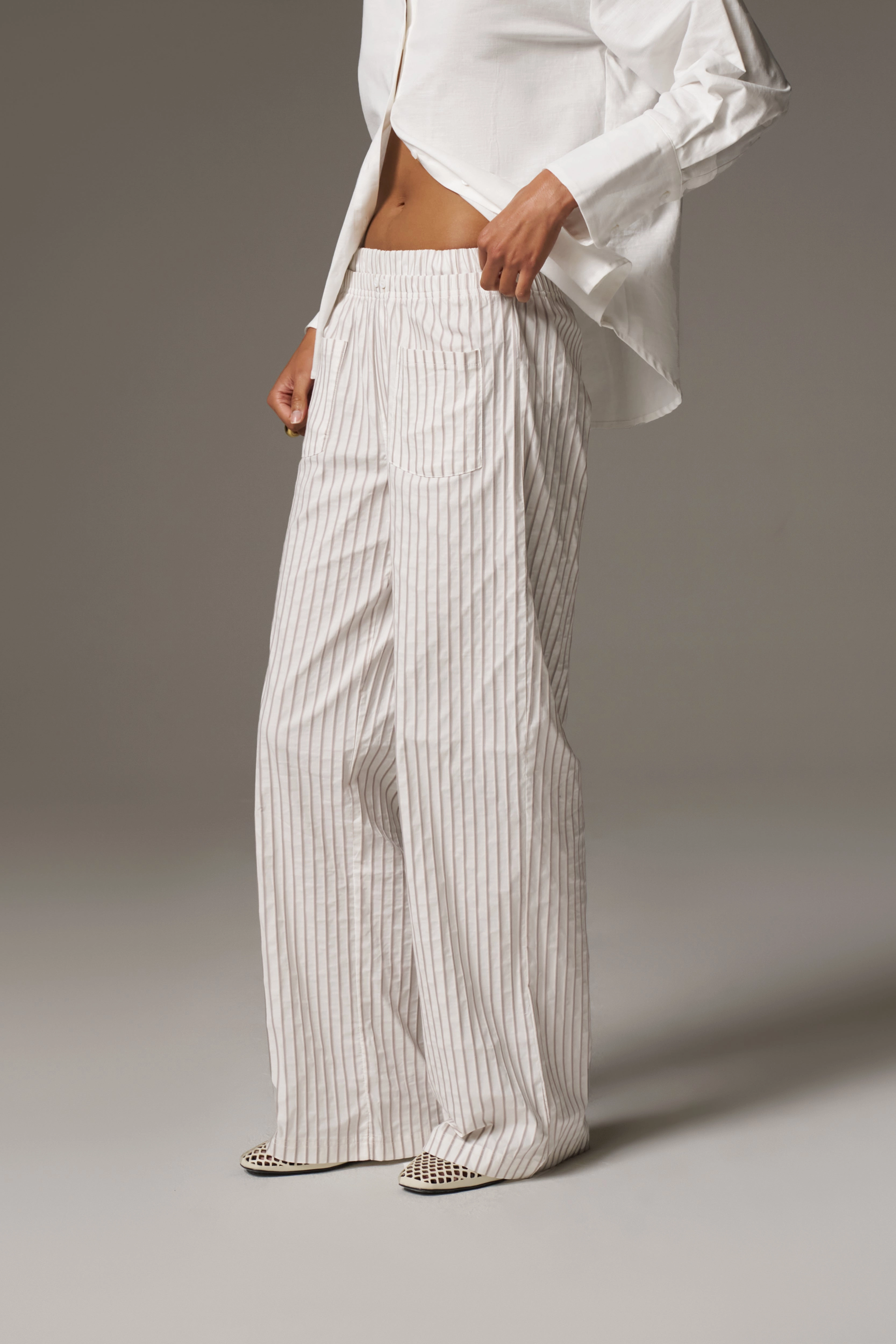 DOUBLE WAISTBAND STRIPE TROUSERS - BEIGE