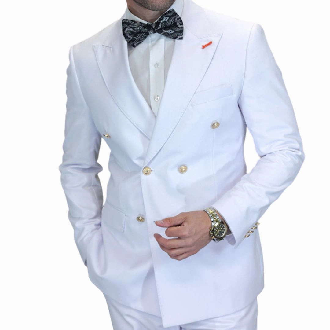 Echelon Collection: White 2-Piece Tailored Fit Double-Breasted Suit with Gold Buttons