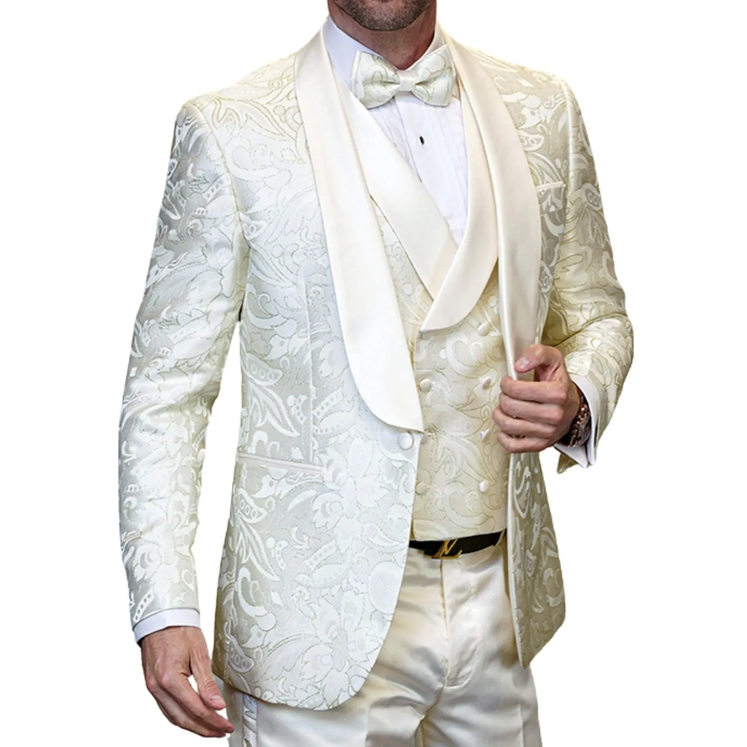 Eclipse Elegance Collection: 3PC Modern Fit Shawl Lapel Tuxedo With Woven Fabric In Off White