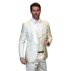 Eclipse Elegance Collection: 3PC Modern Fit Shawl Lapel Tuxedo With Woven Fabric In Off White