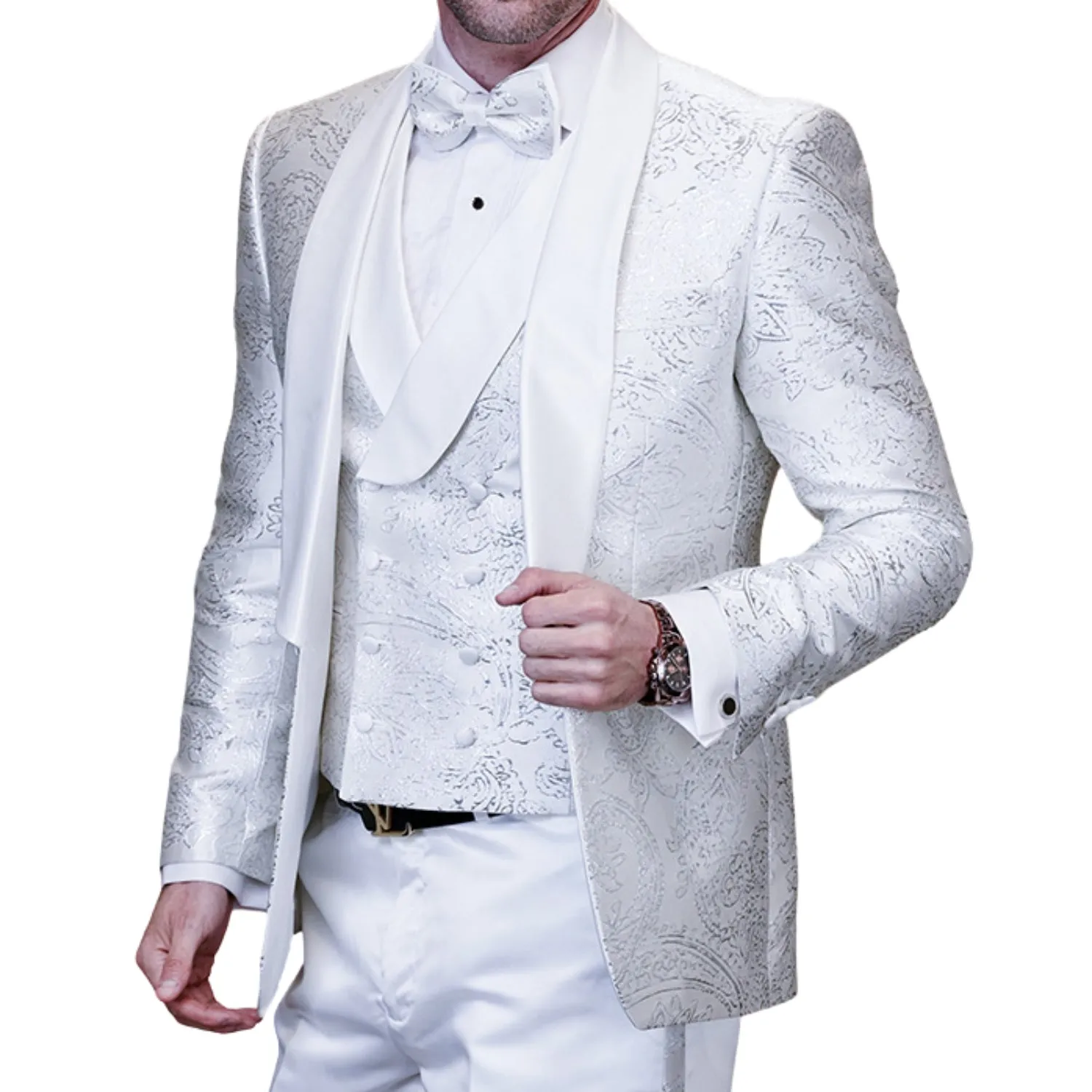 Eclipse Elegance Collection: 3PC Modern Fit Shawl Lapel Tuxedo With Woven Fabric In White