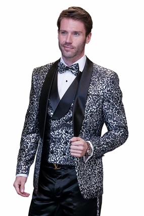 Eclipse Elegance Collection: 3PC Modern Fit Shawl Lapel Tuxedo With Woven Fabric In Black