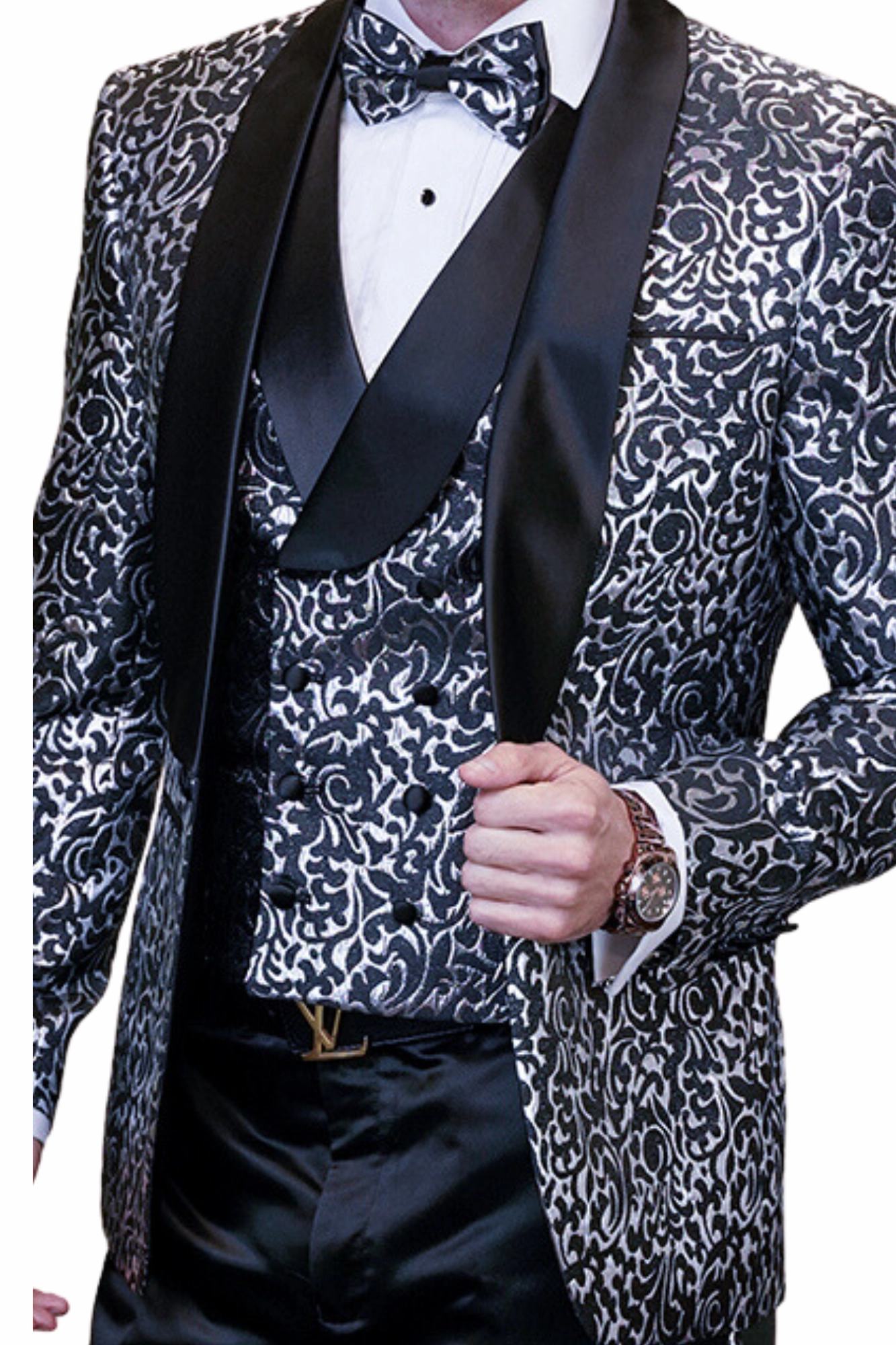 Eclipse Elegance Collection: 3PC Modern Fit Shawl Lapel Tuxedo With Woven Fabric In Black