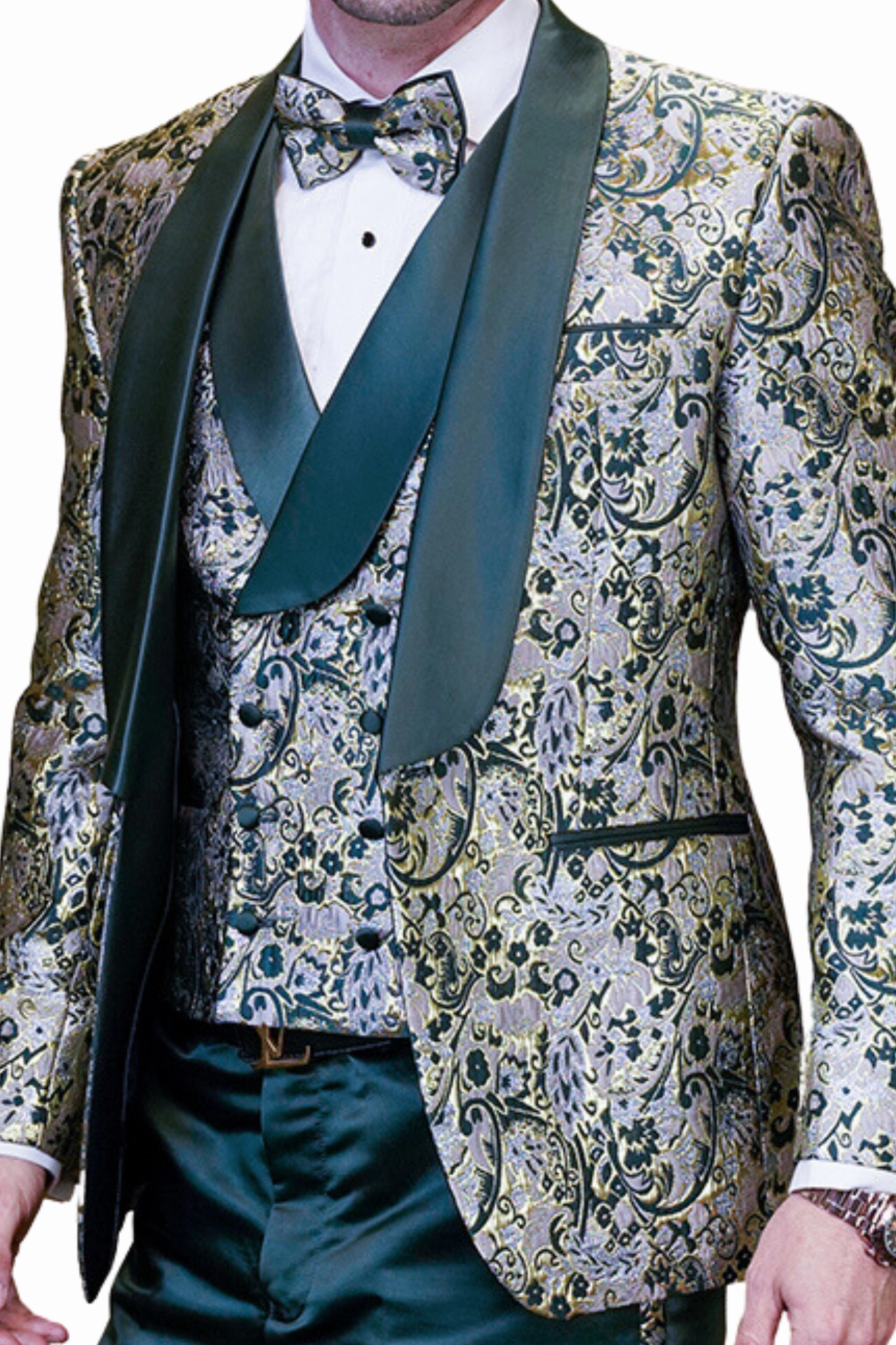 Eclipse Elegance Collection: 3PC Modern Fit Shawl Lapel Tuxedo With Woven Fabric In Hunter