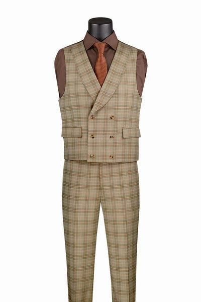 Elegancia Collection: Khaki 3 Piece Windowpane Single Breasted Modern Fit Suit