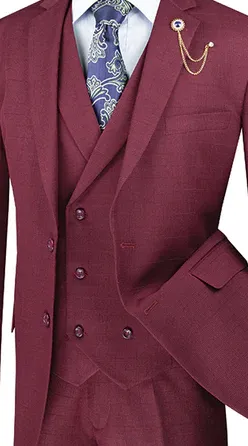 ElegantEcho Collection: Burgundy 3 Piece Glen Plaid Single Breasted Regular Fit Suit