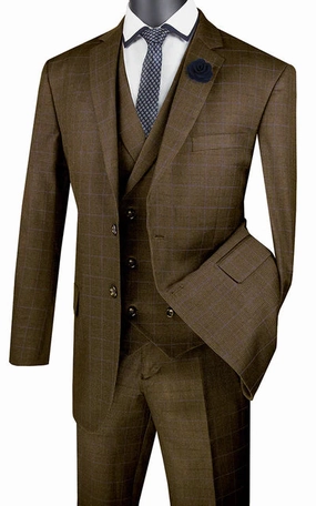 ElegantEcho Collection: Taupe 3 Piece Glen Plaid Single Breasted Regular Fit Suit