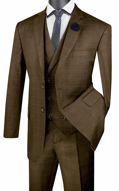 ElegantEcho Collection: Taupe 3 Piece Glen Plaid Single Breasted Regular Fit Suit
