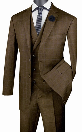ElegantEcho Collection: Taupe 3 Piece Glen Plaid Single Breasted Regular Fit Suit