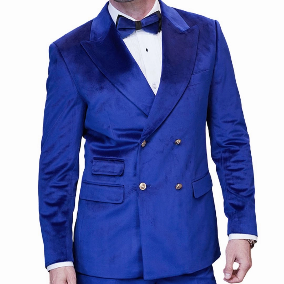 Elestian Collection: Sapphire 2-Piece Velvet Double-Breasted Suit with Gold Buttons